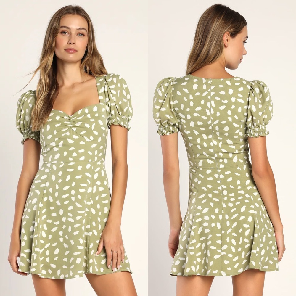 LULUS Oh My Darlin' Sage Green Print Puff Sleeve Mini Dress